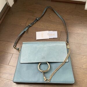 Chloe Faye Medium Bag Purse Shoulder Suede Leather Gray Taupe Tan Chain Italy